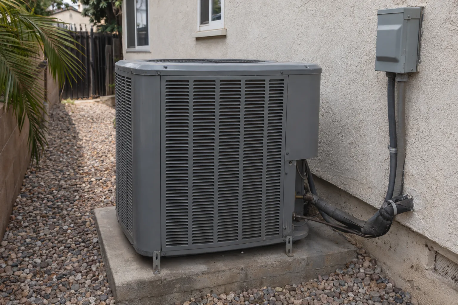 Outdoor heat pump condenser unit on a concrete pad beside a stucco house, with dry gravel landscaping and a palm frond at the frame edge under bright Los Angeles sunlight