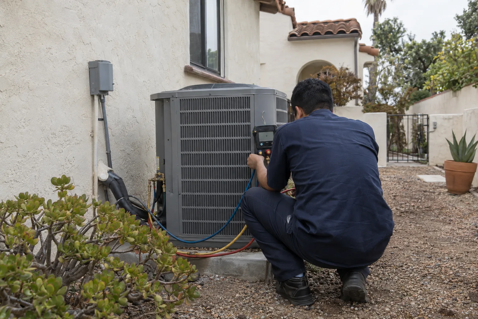 HVAC technician in navy uniform crouching beside a heat pump condenser unit, back to camera, attaching diagnostic gauge set to service ports alongside a stucco house in a dry Los Angeles side yard