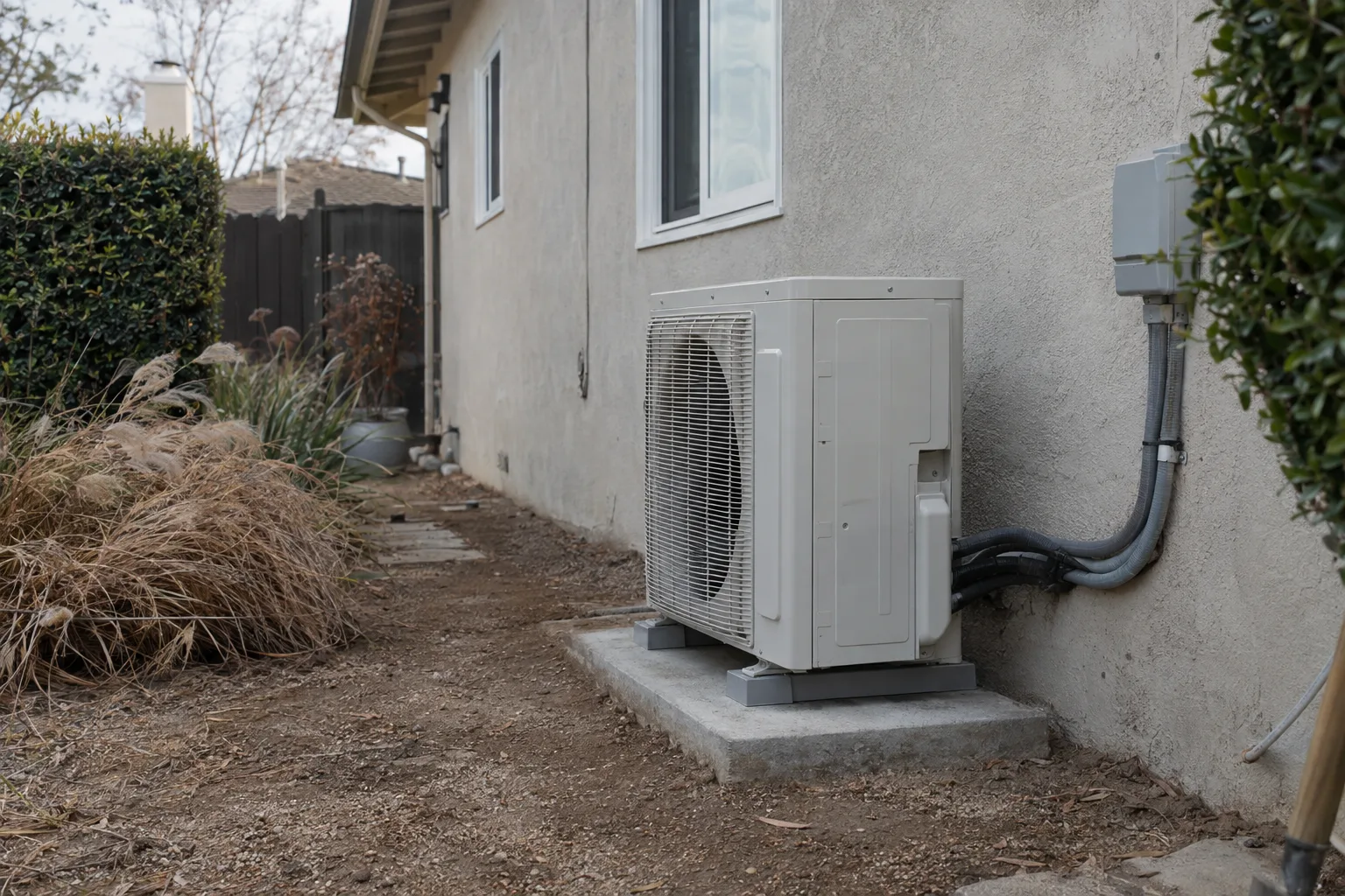 A split-system heat pump condenser unit sitting on a concrete pad along the side yard of a stucco ranch house in Los Angeles, with copper refrigerant lines running up the exterior wall and dry landscaping in the background