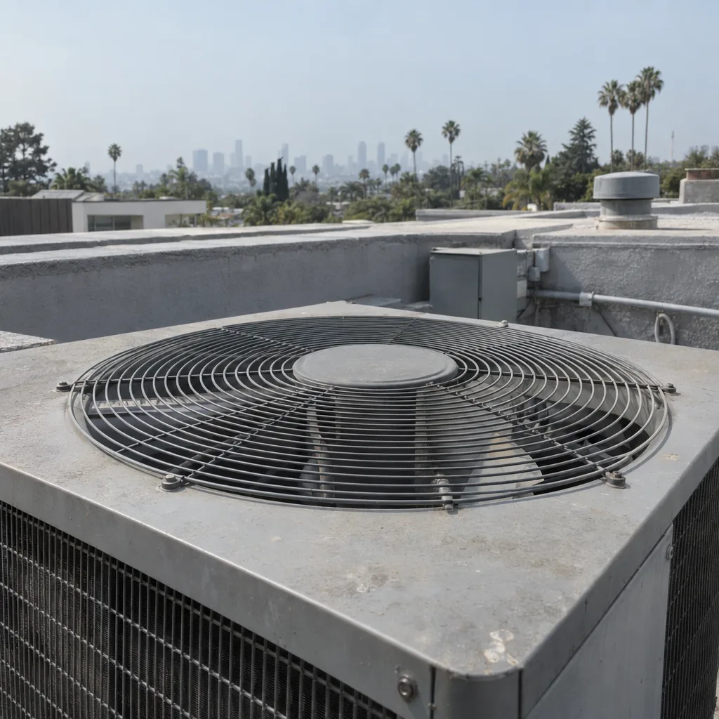 Close-up of a modern heat pump condenser unit's top fan grille on the flat rooftop of a mid-century Los Angeles home, with a hazy blue California sky in the background
