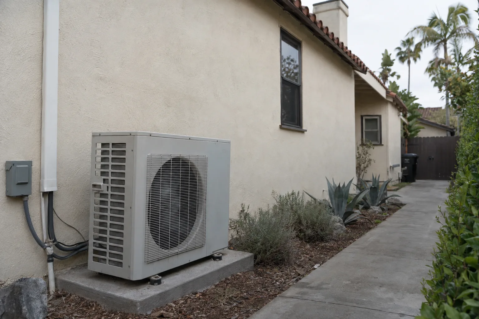 A heat pump condenser unit mounted on a concrete side-yard pad beside a cream stucco Spanish-style house with a terracotta tile roof, agave plants in the foreground and palm fronds visible in the background.