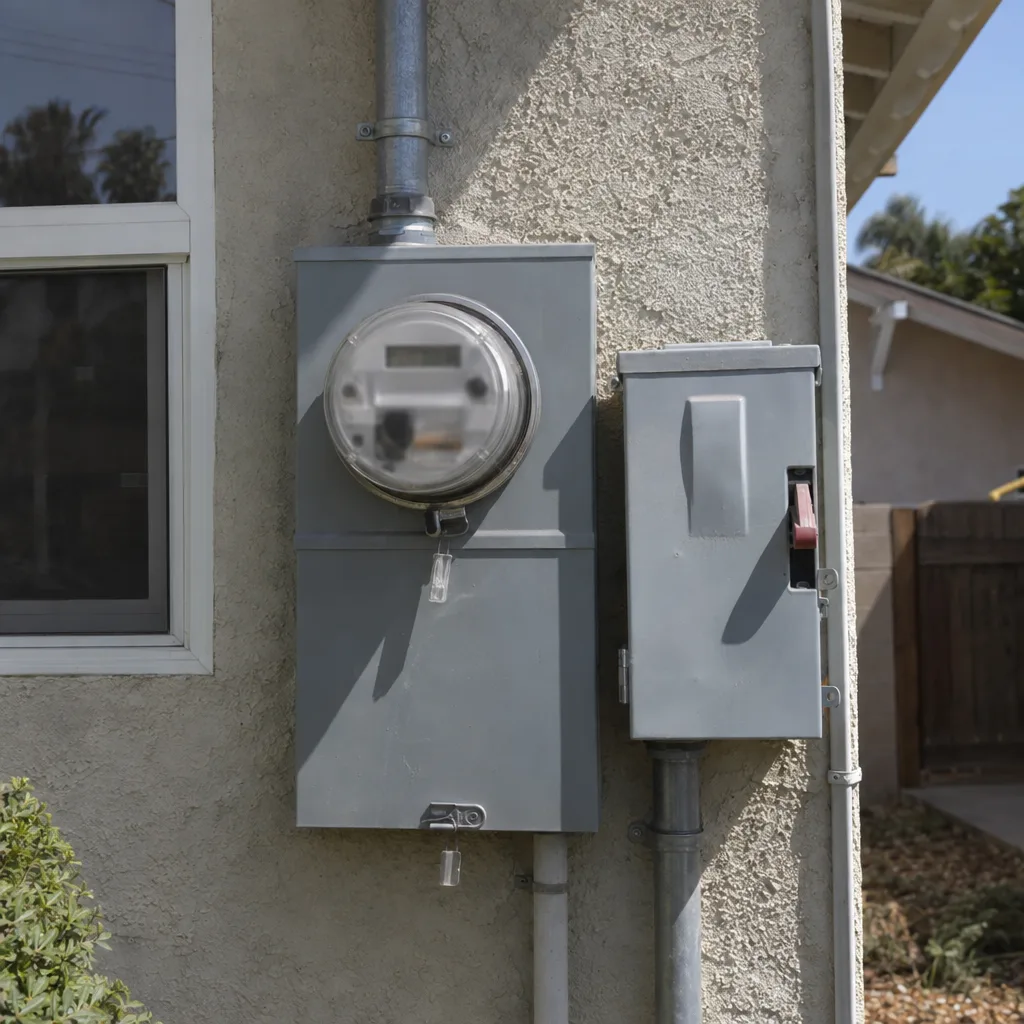 A residential electric utility meter and disconnect box mounted on a pale stucco exterior wall of a ranch-style house, photographed in sharp midday sunlight.