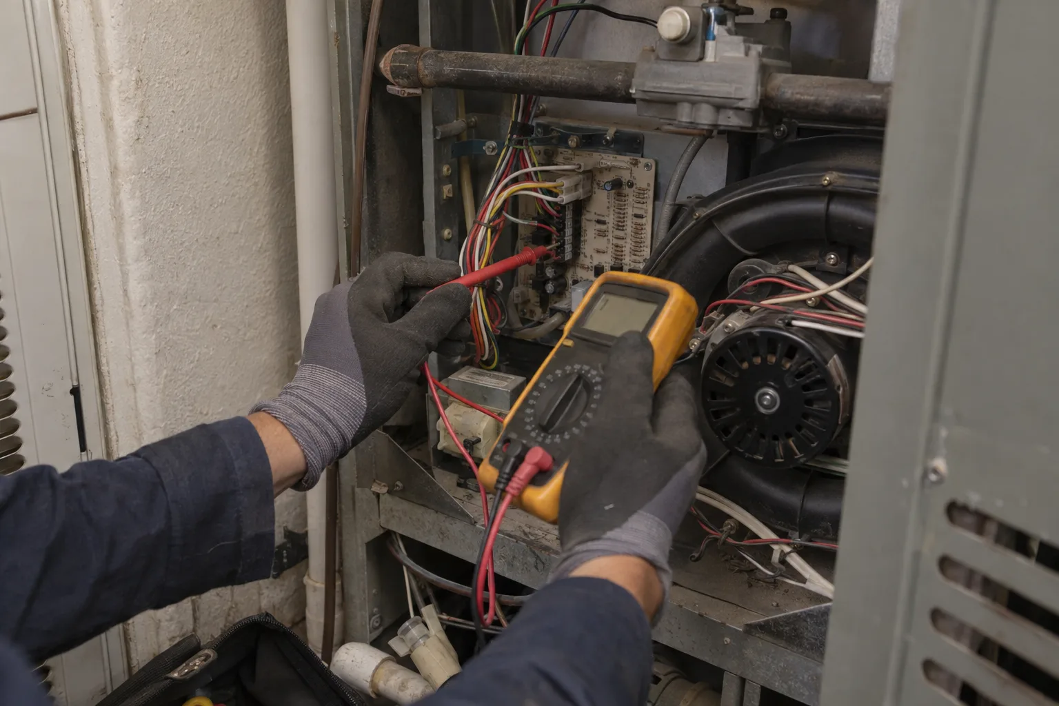 A technician's gloved hands using a digital multimeter to test a furnace control board inside an open furnace cabinet in a residential utility closet