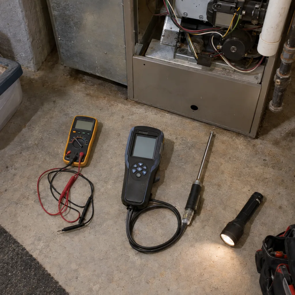 A neatly arranged set of HVAC diagnostic tools including a multimeter, combustion analyzer, thermometer probe, and flashlight on a concrete floor beside a furnace