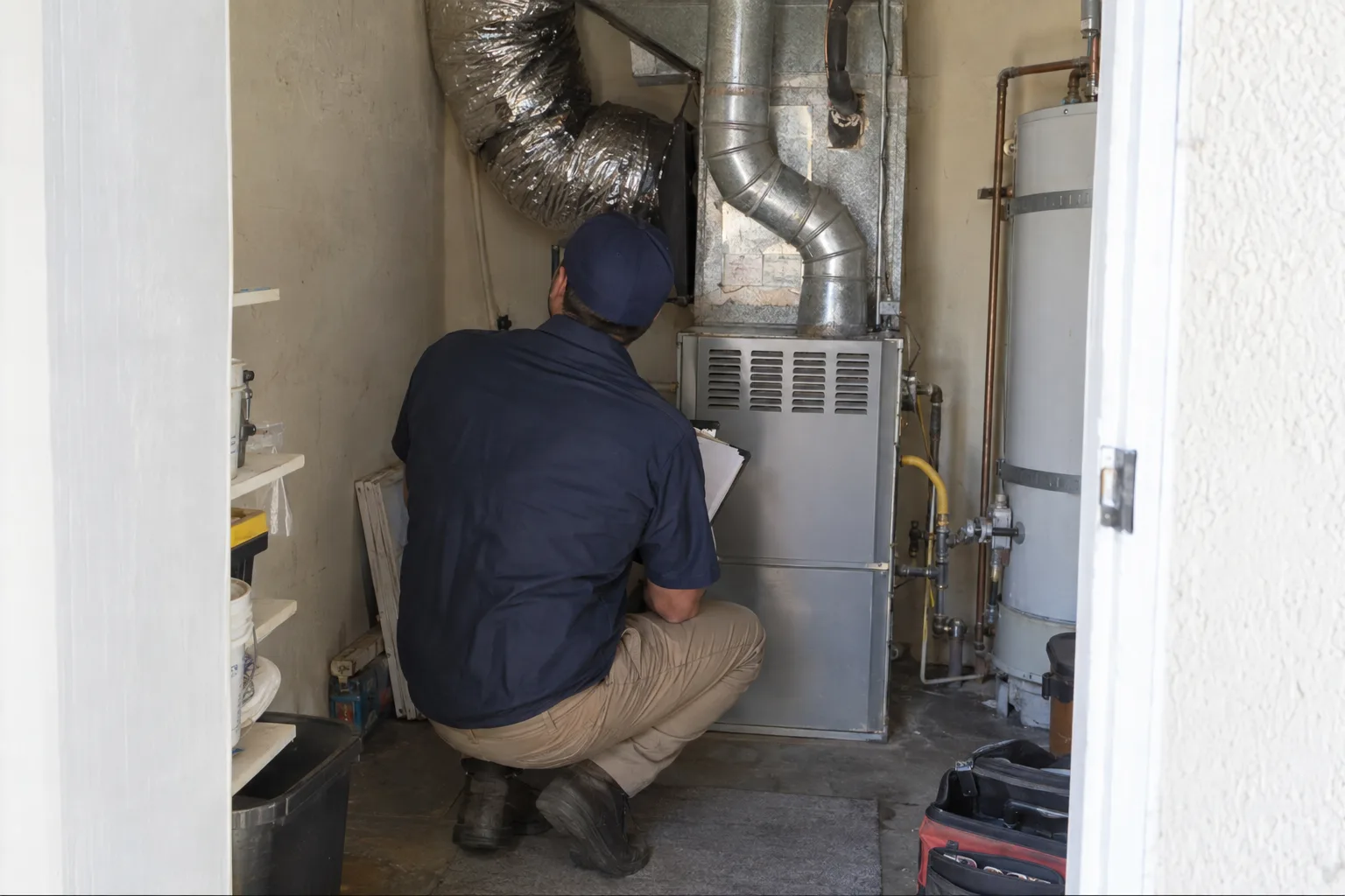 A technician crouching with a clipboard in a residential mechanical room, examining existing ductwork connected to a gas furnace