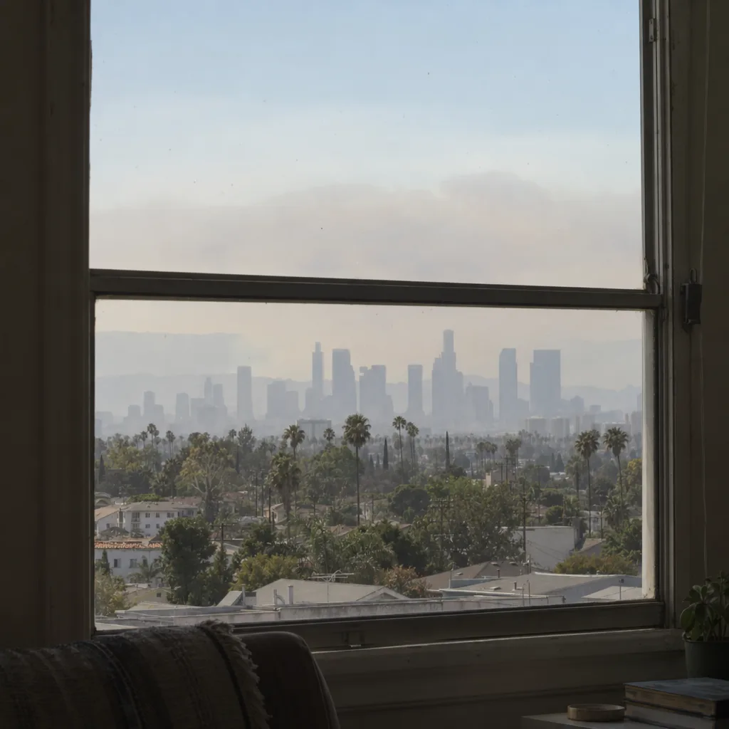 View through a residential window toward a hazy Los Angeles skyline with palm tree silhouettes and a smoke-tinged pale sky in late afternoon light