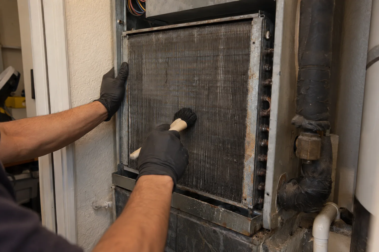A technician's gloved hands cleaning the fins of an evaporator coil inside an open air handler cabinet with a soft brush, lit by a portable work light in a residential utility closet.
