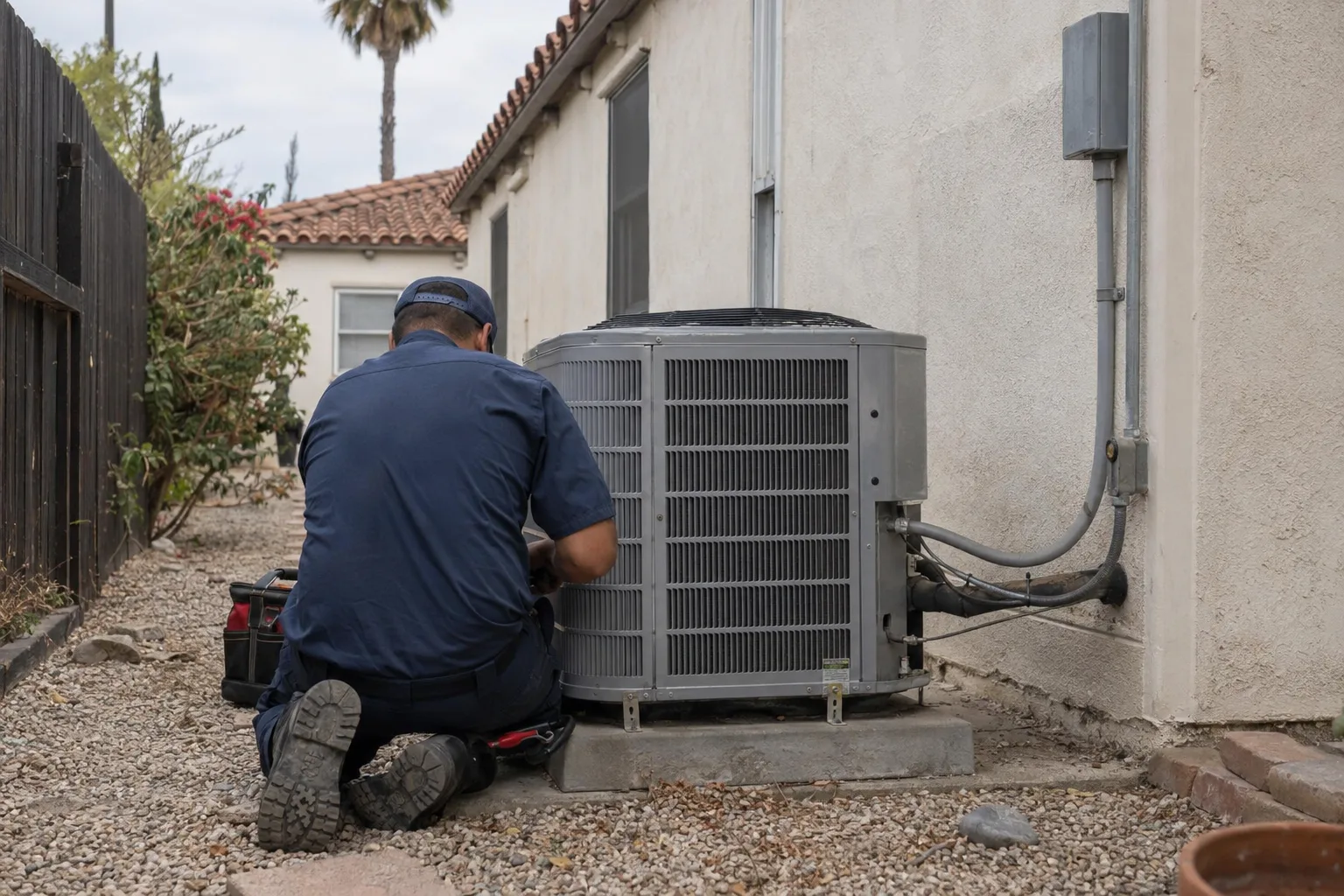 A technician in a navy uniform kneels beside a residential central air conditioner condenser unit in the side yard of a stucco Spanish-style Los Angeles home, with a palm tree visible over the roofline in soft morning light.
