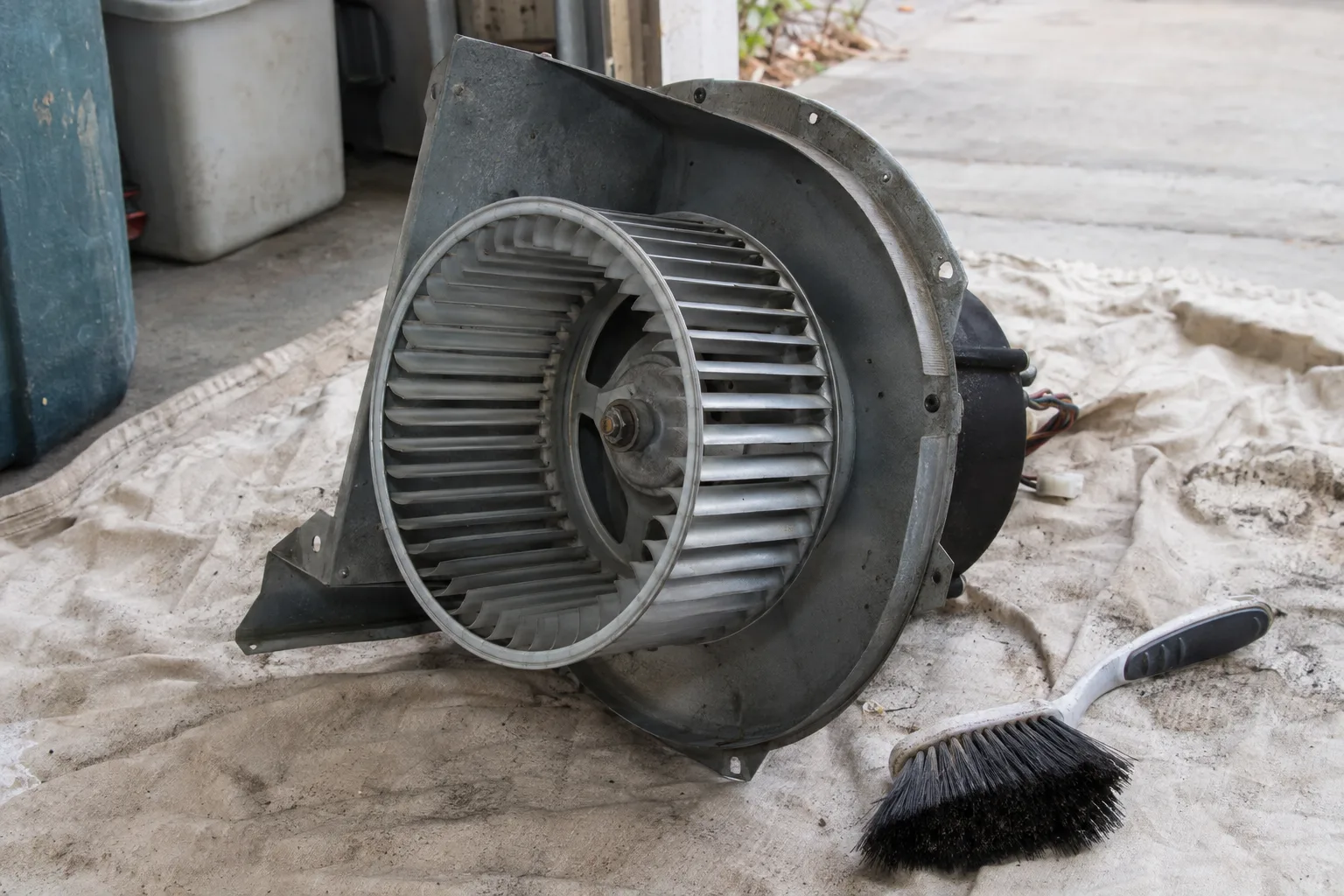 A clean residential HVAC blower wheel and motor assembly resting on a drop cloth on a concrete garage floor beside a soft-bristle cleaning brush, lit by diffuse afternoon light from an open garage door.