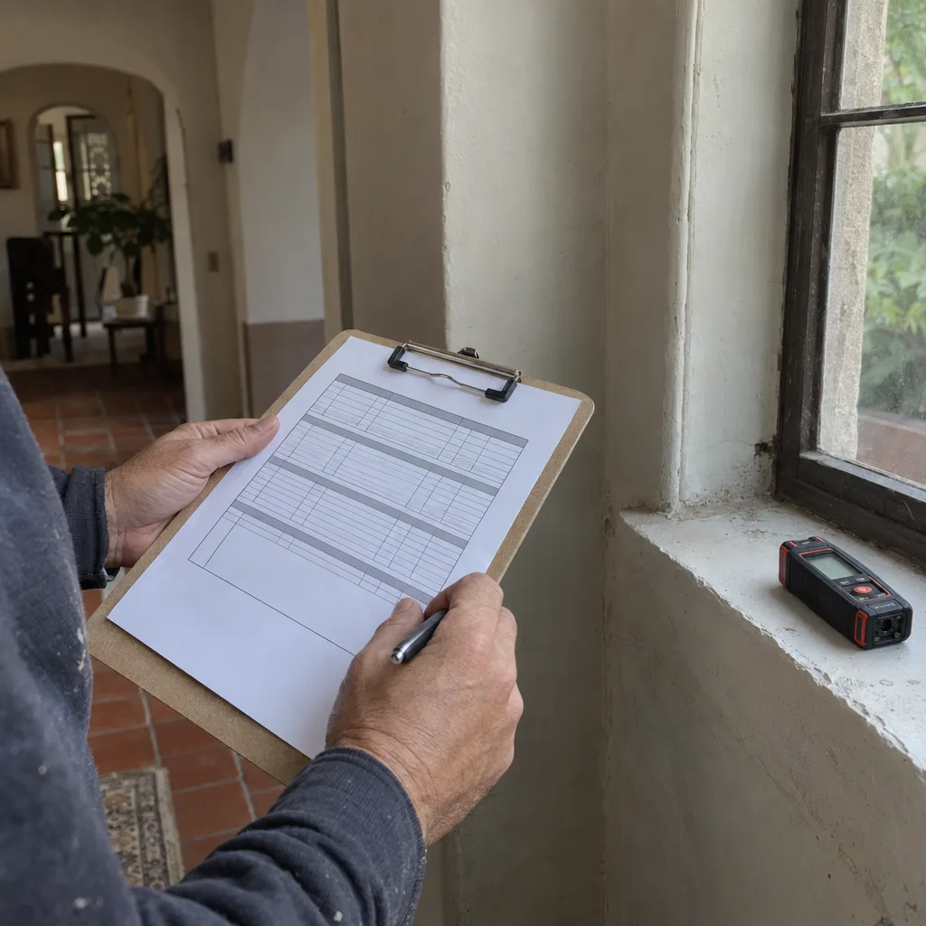 Close-up of an HVAC technician's hands holding a clipboard and a laser distance measuring tool resting on a windowsill inside a sun-filled Los Angeles home with terracotta tile floors