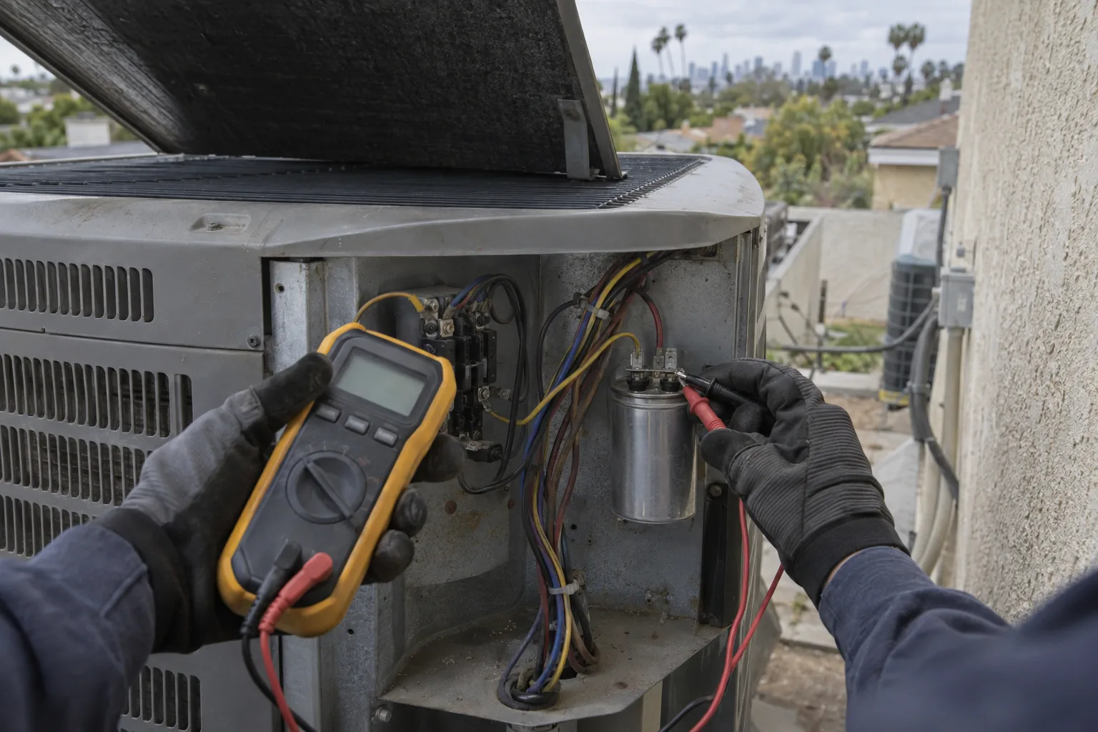Technician's gloved hands using a digital capacitor tester on a run capacitor inside an open residential air conditioning condenser unit on a Los Angeles rooftop