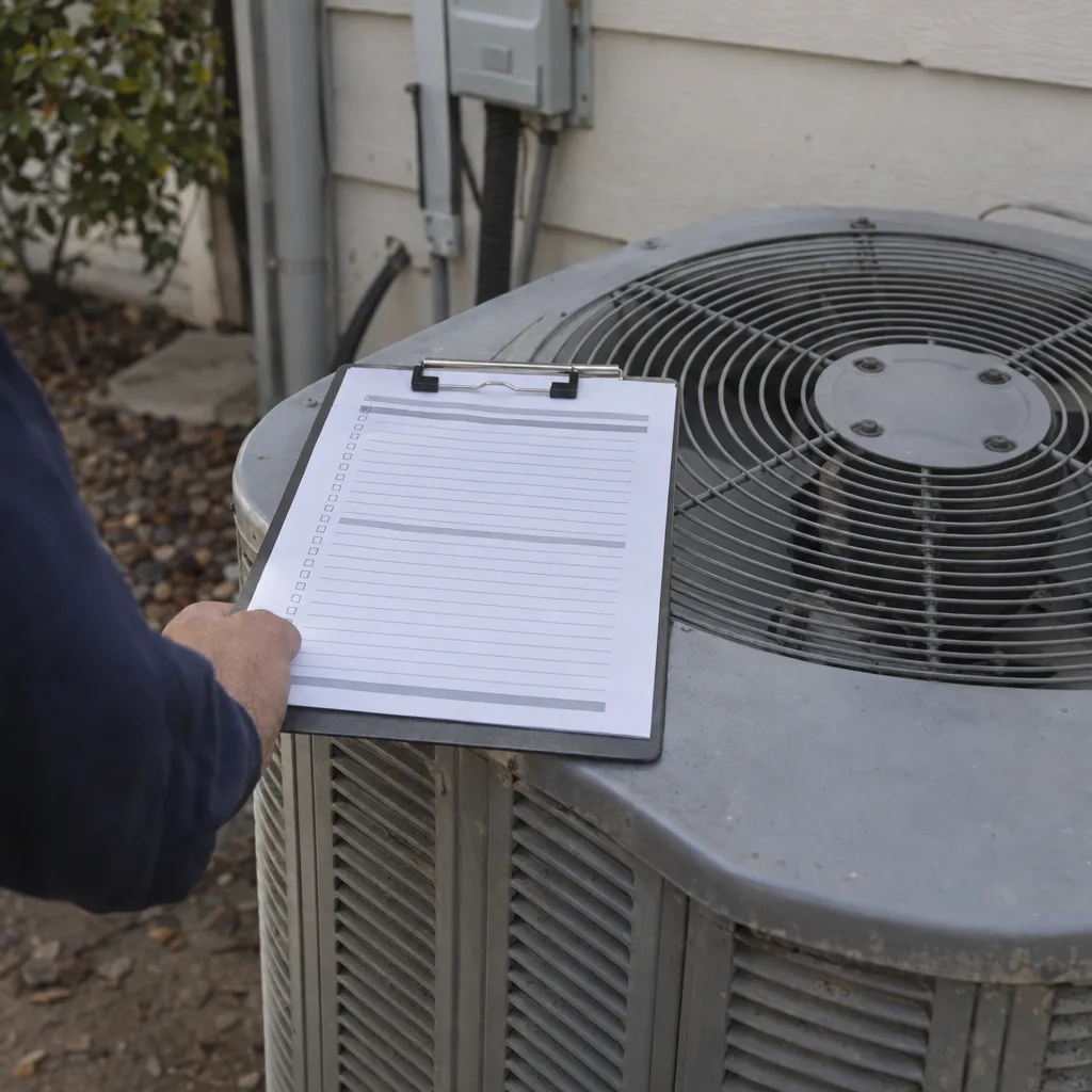 A maintenance inspection clipboard resting on a residential condenser unit, held by a navy-sleeved forearm, with a ruled checklist form whose text is too small to read
