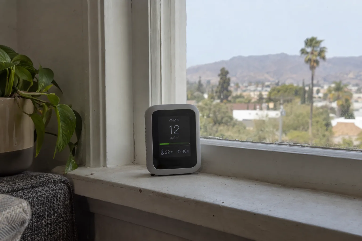 A handheld air quality monitor sitting on a windowsill in a bright Los Angeles living room, with soft afternoon sunlight and a blurred palm tree visible through the window behind it
