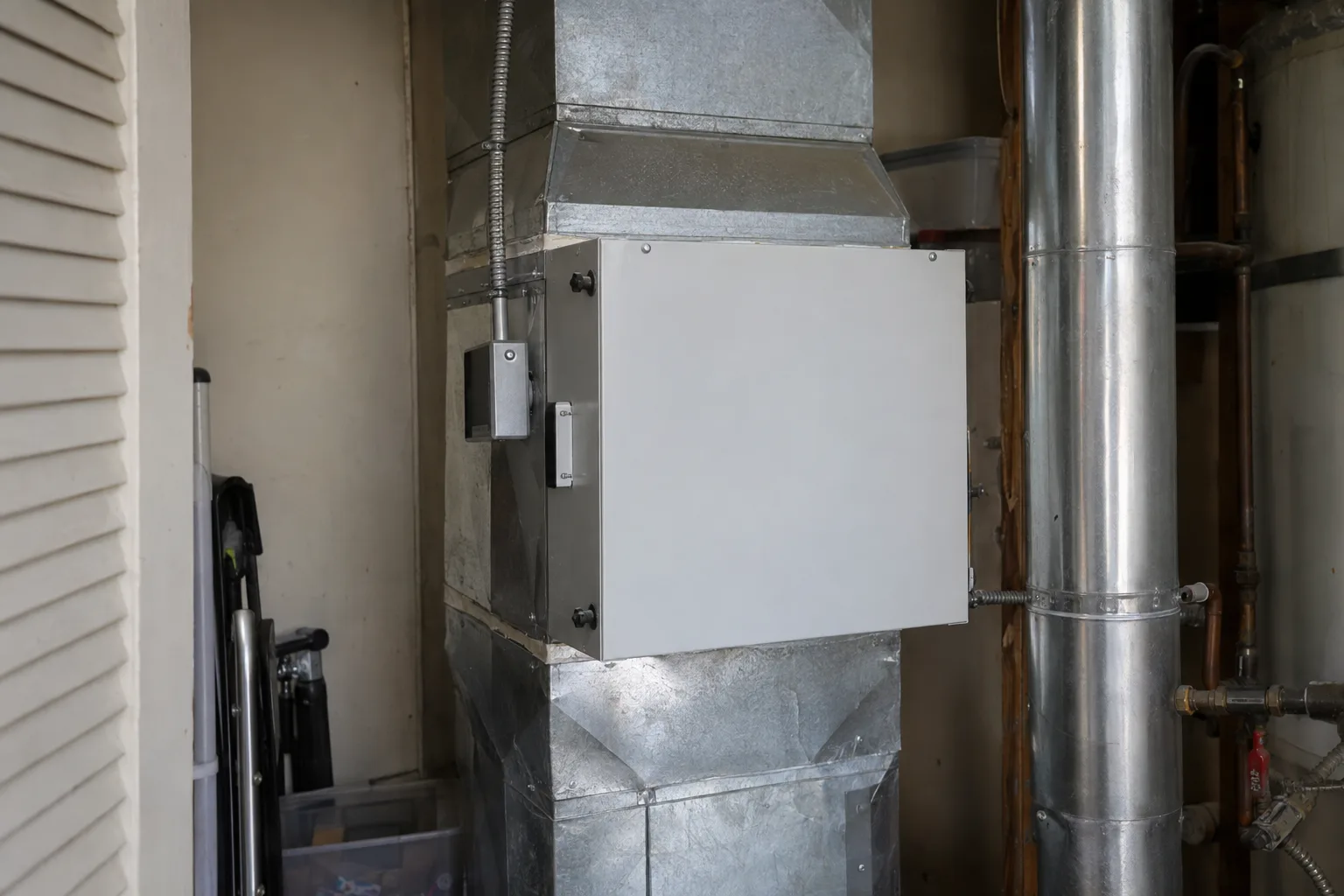 A white whole-home air purifier mounted inline on sheet-metal ductwork inside a residential utility closet in a Los Angeles home