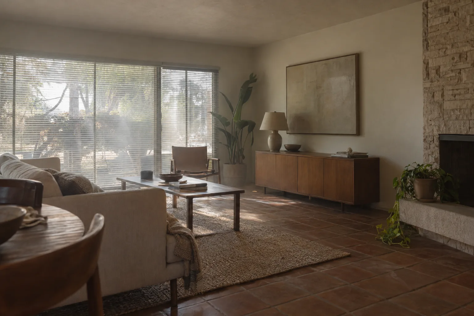 A sunlit mid-century Los Angeles living room with terracotta tile floors and slatted blinds casting striped light, fine dust particles visible in the afternoon light streaming across the room