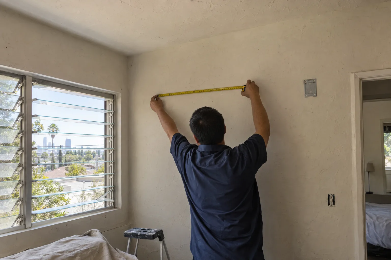 A technician measuring an interior stucco wall near the ceiling inside a Los Angeles home, assessing where a mini-split head unit will be mounted