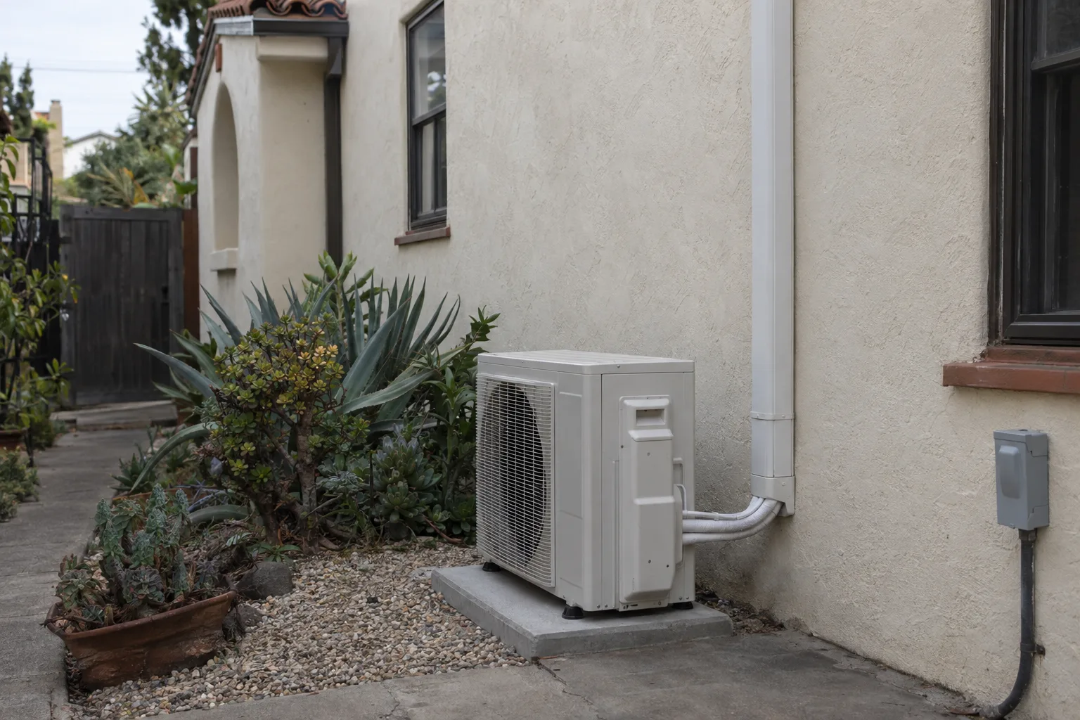 A ductless mini-split outdoor condenser unit installed on a concrete pad beside a stucco wall in a Los Angeles side yard, with a white line-set cover running up the wall