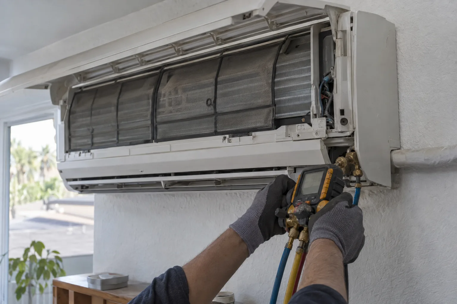 A ductless mini-split indoor head unit with its front panel open, showing the evaporator coil and filter, while a technician's gloved hands connect a digital manifold gauge to the unit's service port