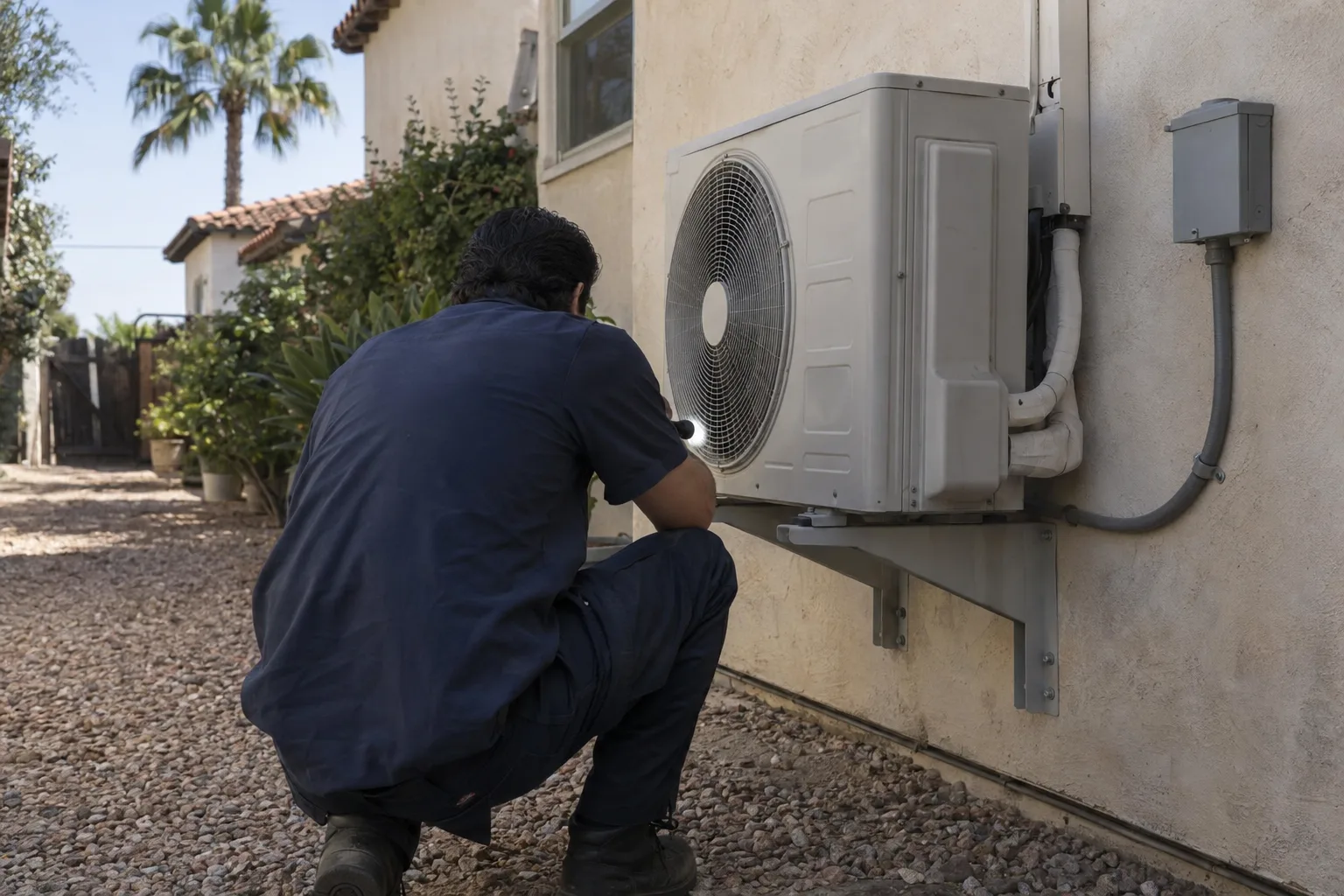 A ductless mini-split outdoor condenser unit on a side-yard wall bracket at a stucco Los Angeles home, with a technician in a navy uniform crouching and inspecting the unit with a flashlight, palm tree visible behind