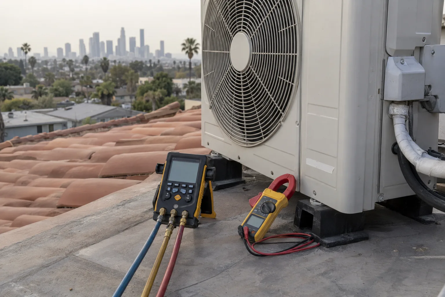 A digital HVAC diagnostic meter and a clamp meter staged on terracotta roof tiles beside a ductless mini-split outdoor condenser unit, bathed in warm Los Angeles afternoon light