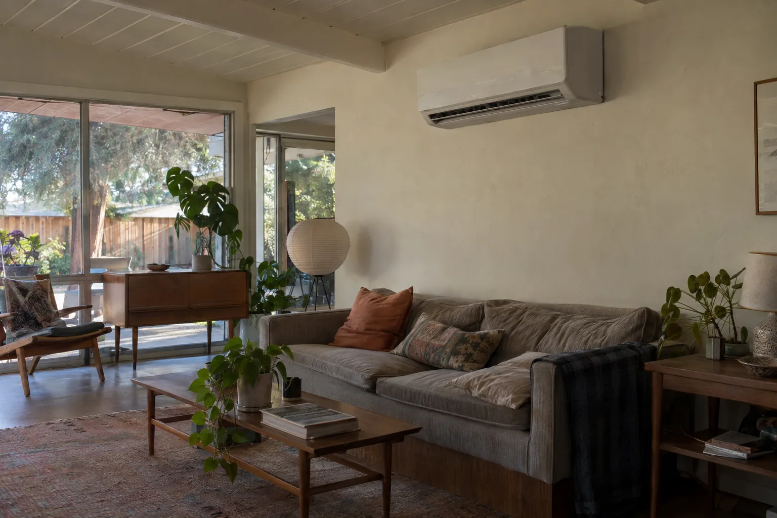 White wall-mounted mini-split indoor head unit installed high on a stucco wall in a sunlit mid-century Los Angeles living room, late afternoon light casting warm shadows across the space