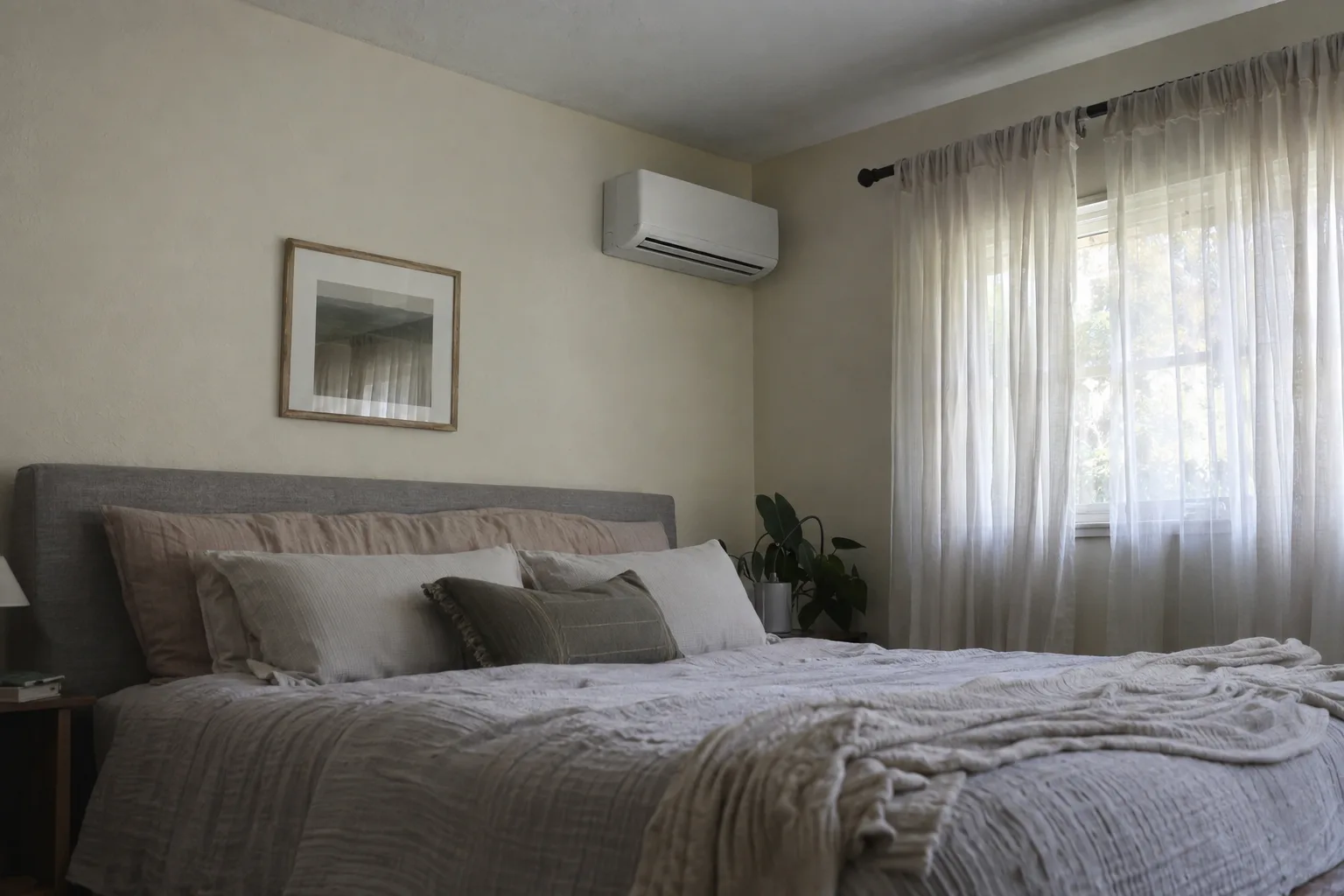 Wall-mounted mini-split indoor head unit near the ceiling of a calm, softly lit bedroom in a stucco Los Angeles home, neutral bedding and diffused natural light creating a restful atmosphere