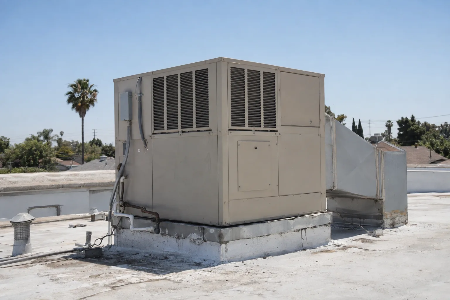 A tan metal all-in-one package unit HVAC system mounted on the flat roof of a stucco home under a clear Los Angeles sky, with a palm tree visible in the background and ductwork connections visible on the cabinet's base.