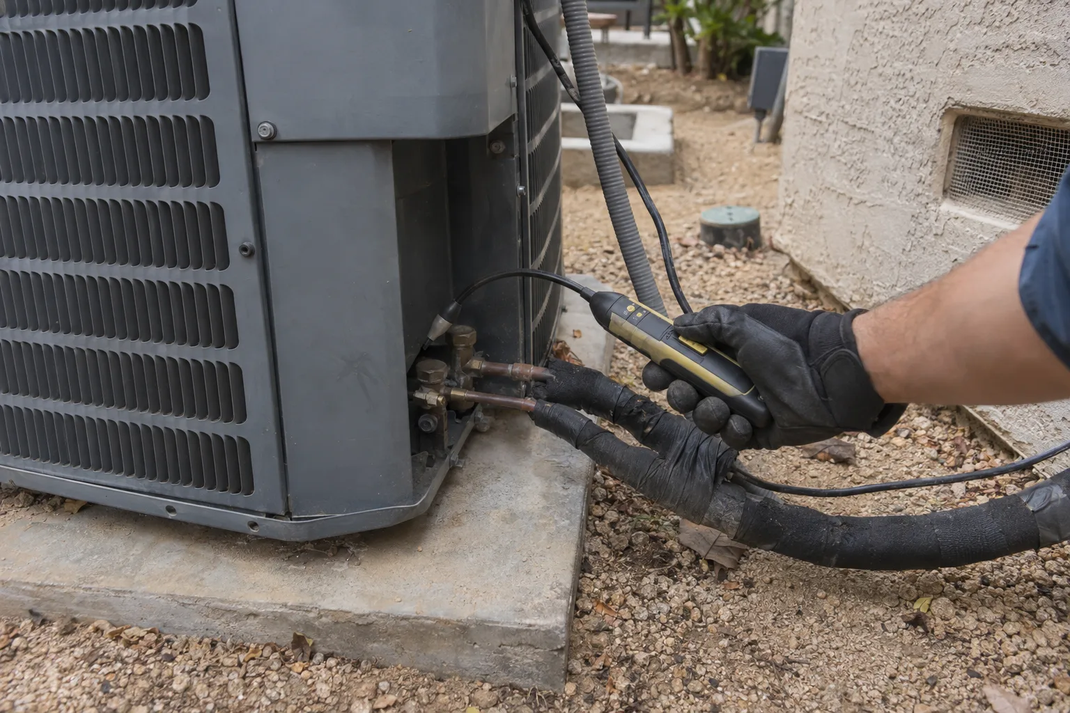 A gloved technician's hand holds an electronic leak detector probe near the copper refrigerant lines at the base of an outdoor AC condenser unit beside a stucco wall, with dry Southern California landscaping in the background.