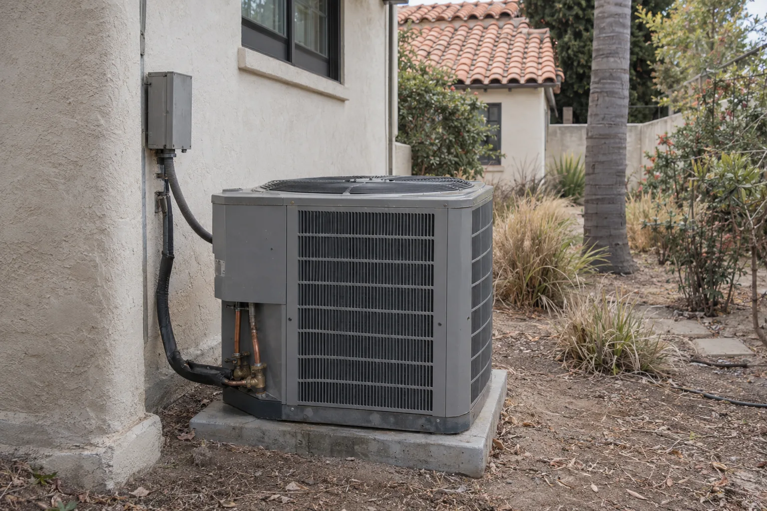 An outdoor central air conditioner condenser unit on a concrete pad in the sunny side yard of a Spanish-style stucco home, with a terracotta tile roof and a palm trunk visible in the dry Los Angeles landscape.