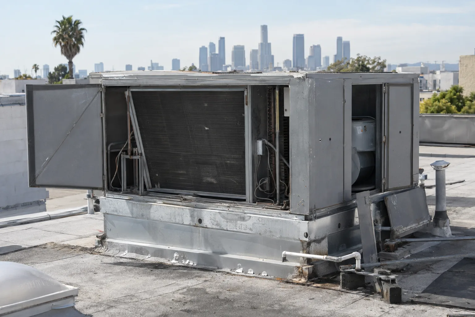 A rooftop package HVAC unit with access panels open on a flat commercial roof in Los Angeles, with a palm tree and city buildings visible in the background under bright midday sun