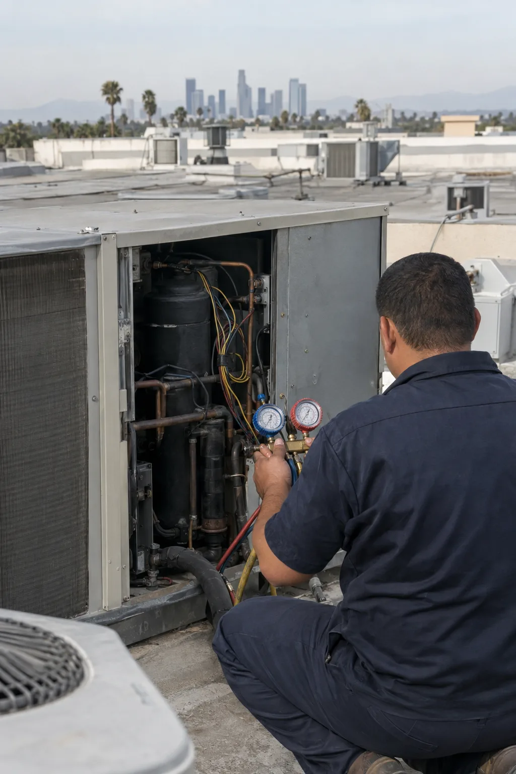 An HVAC technician in a navy uniform kneeling beside an open rooftop package unit, connecting manifold gauges to refrigerant service ports on a flat Los Angeles commercial rooftop under a hazy afternoon sky