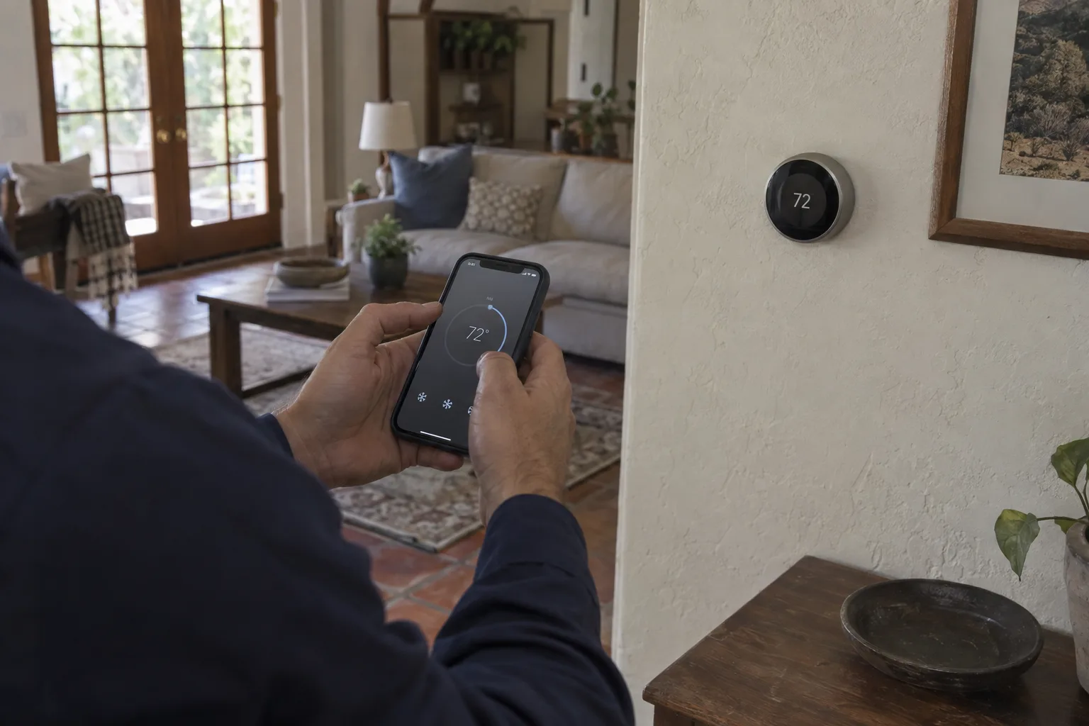 A technician's hands holding a smartphone with a thermostat control app open, a smart thermostat visible on the stucco wall behind them inside a sunlit Los Angeles home with terracotta tile flooring