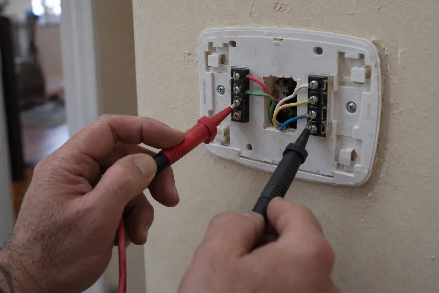 A technician's hands use a multimeter probe to check individual wires at an open thermostat wall plate, with colour-coded wires spread across the terminals against a beige interior wall.