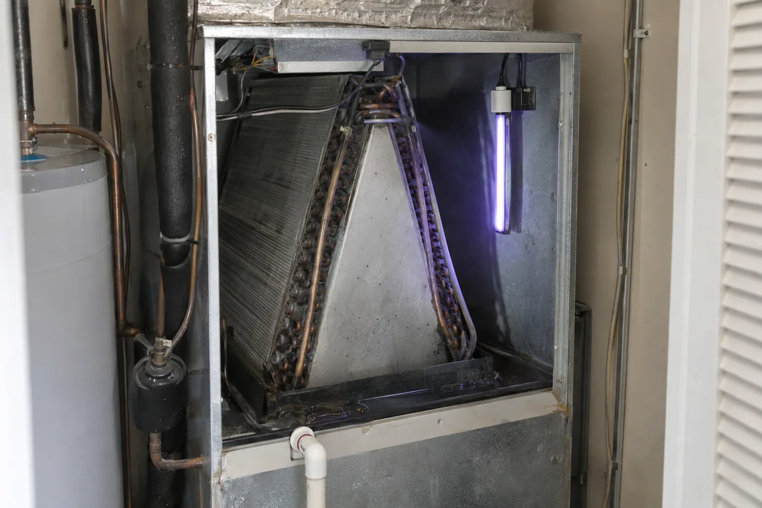UV germicidal lamp installed inside a residential air handler, mounted on the interior wall adjacent to the evaporator coil, emitting a faint violet glow onto the coil fins with the access panel open