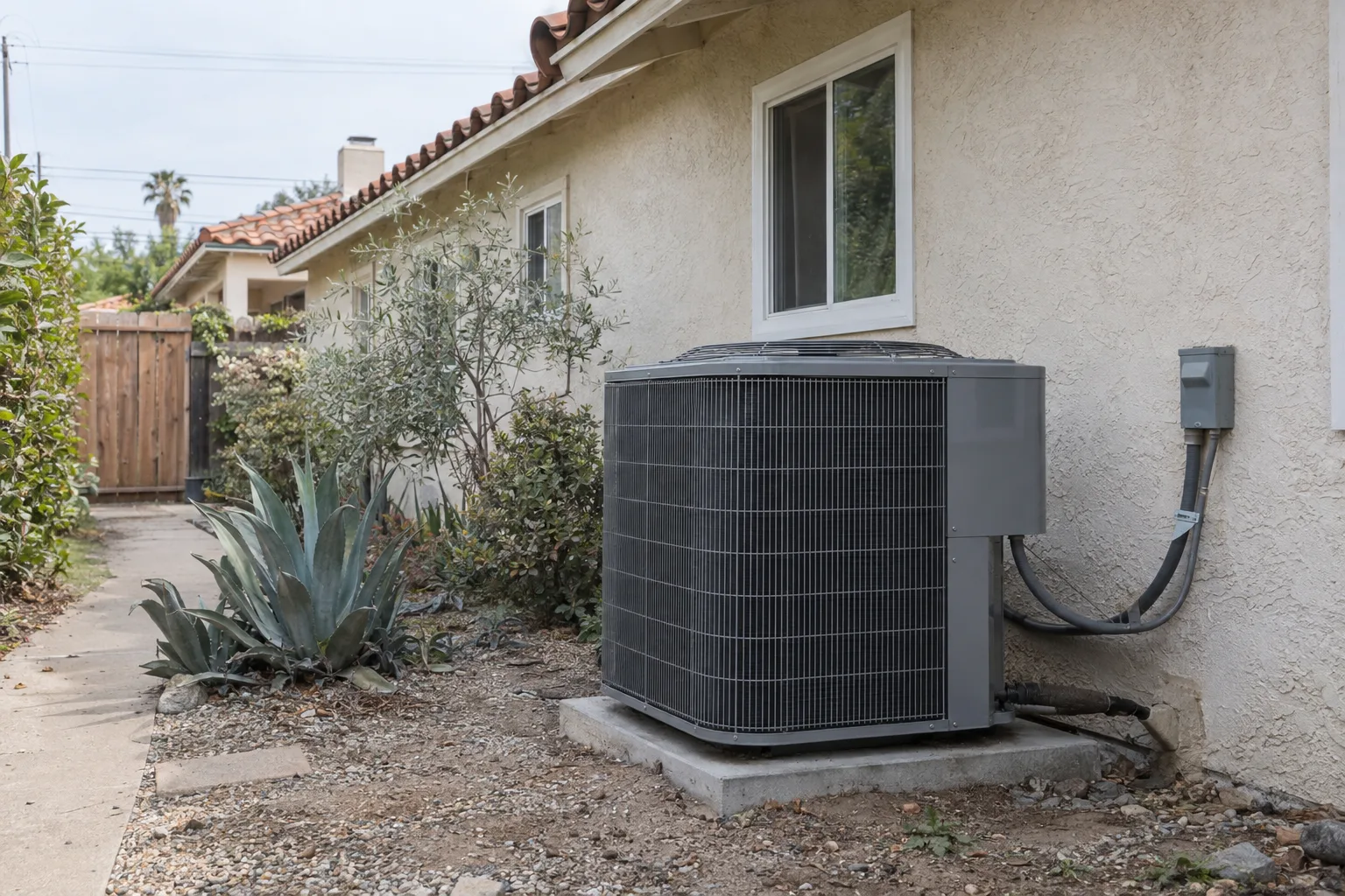 Modern central air conditioner condenser unit on a concrete side-yard pad beside a stucco ranch house with a tile roof and dry California landscaping
