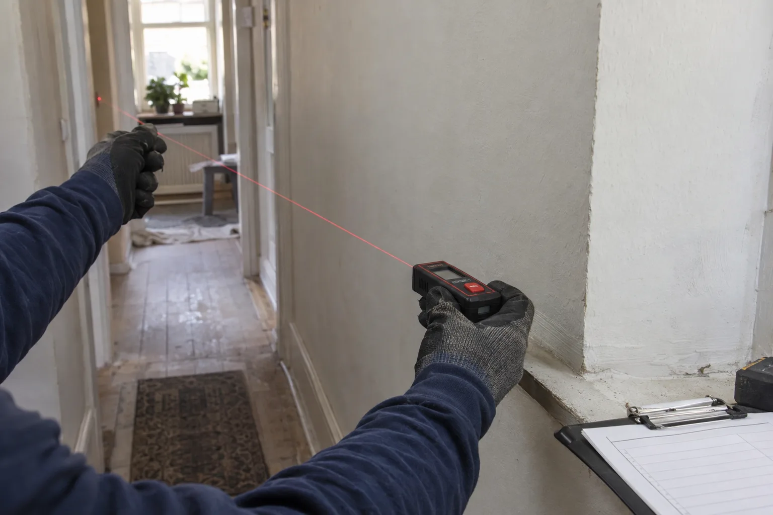 Close view of a technician's hands using a laser tape measure across a residential interior hallway, with a blank clipboard resting nearby on a ledge