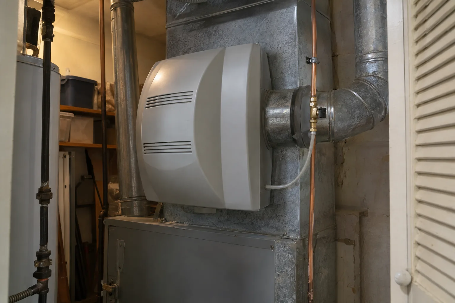 A whole-house bypass humidifier installed on a furnace plenum inside a residential utility closet, with a copper water supply line and saddle valve connected to its side