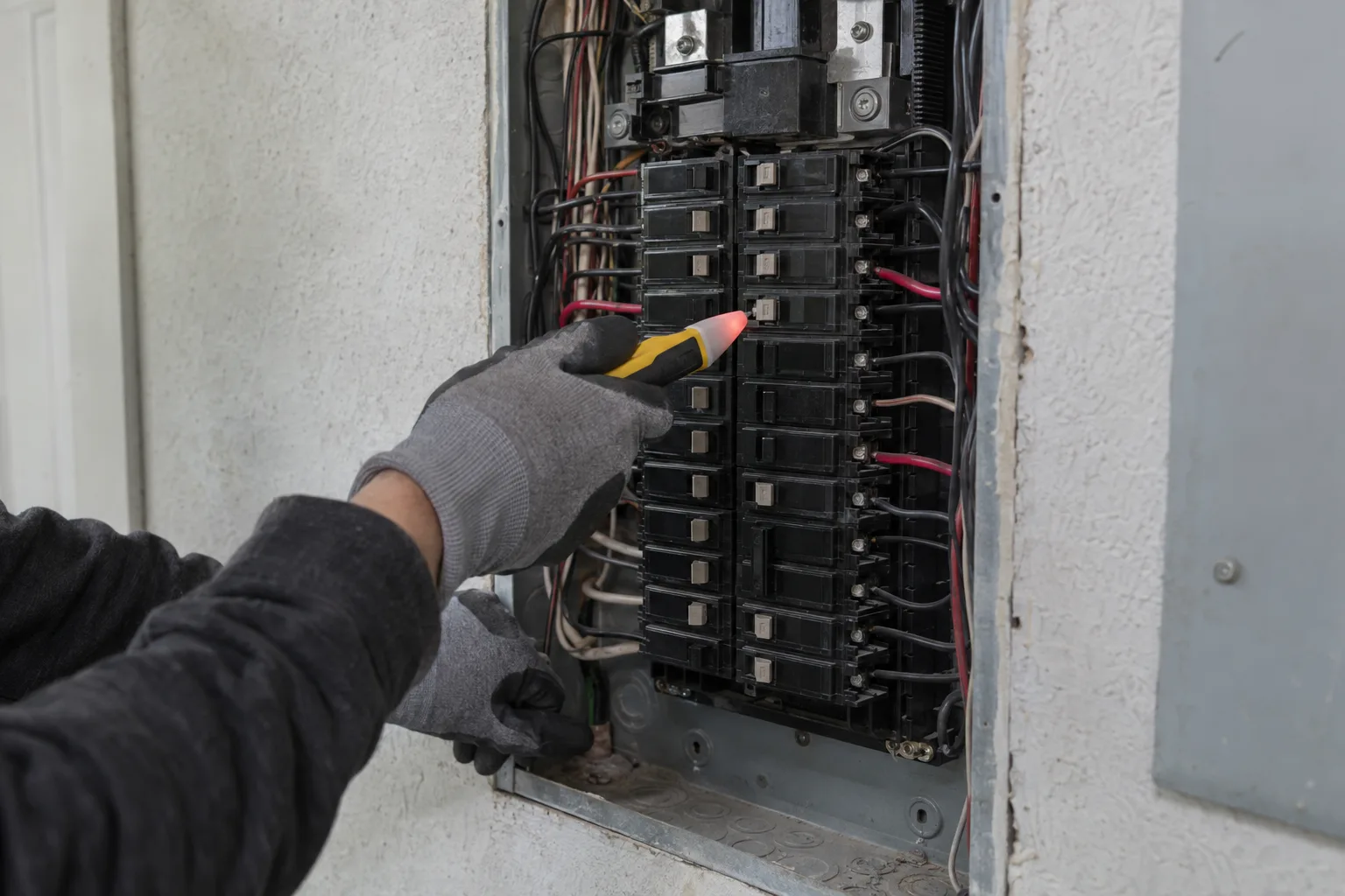 A technician's gloved hands holding a non-contact voltage tester near an open residential electrical panel mounted on a stucco interior wall