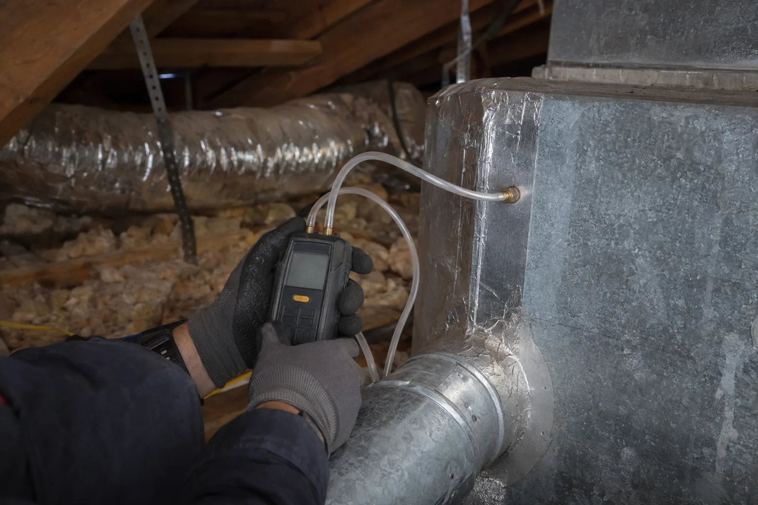 A technician's gloved hands pressing a digital manometer probe against a sheet-metal supply duct inside a sunlit residential attic, with insulation batts and wooden rafters visible in the background.