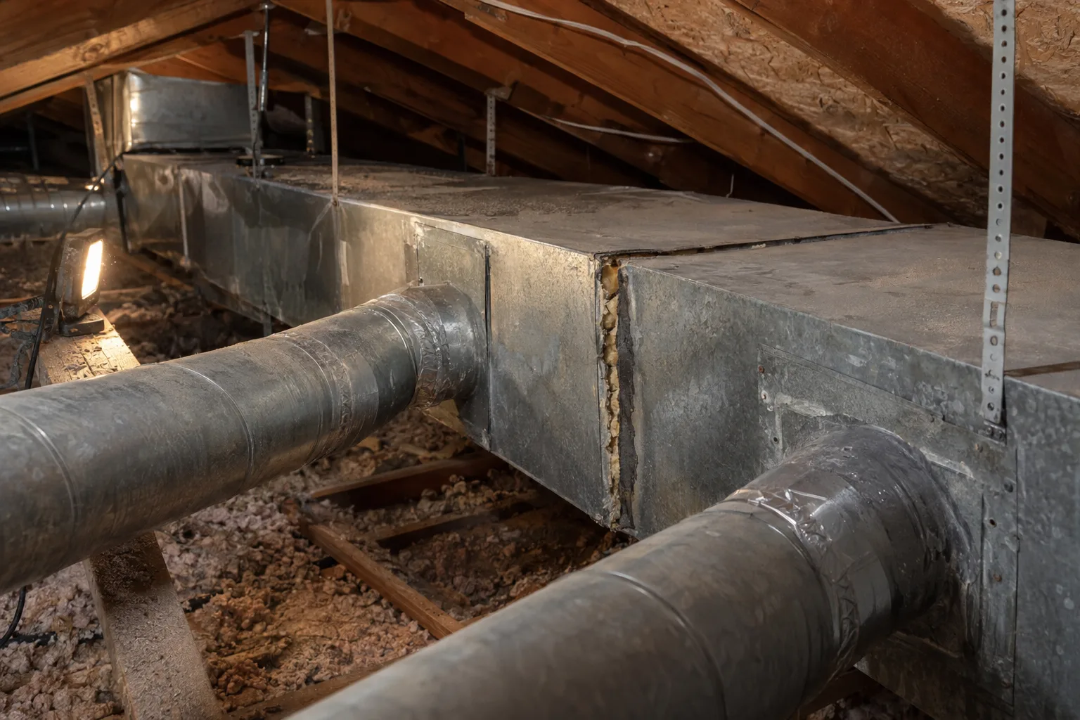 A sheet-metal HVAC main trunk line running through a residential attic, illuminated by a portable work light, with visible branch takeoffs and a slightly unsealed joint along the seam.
