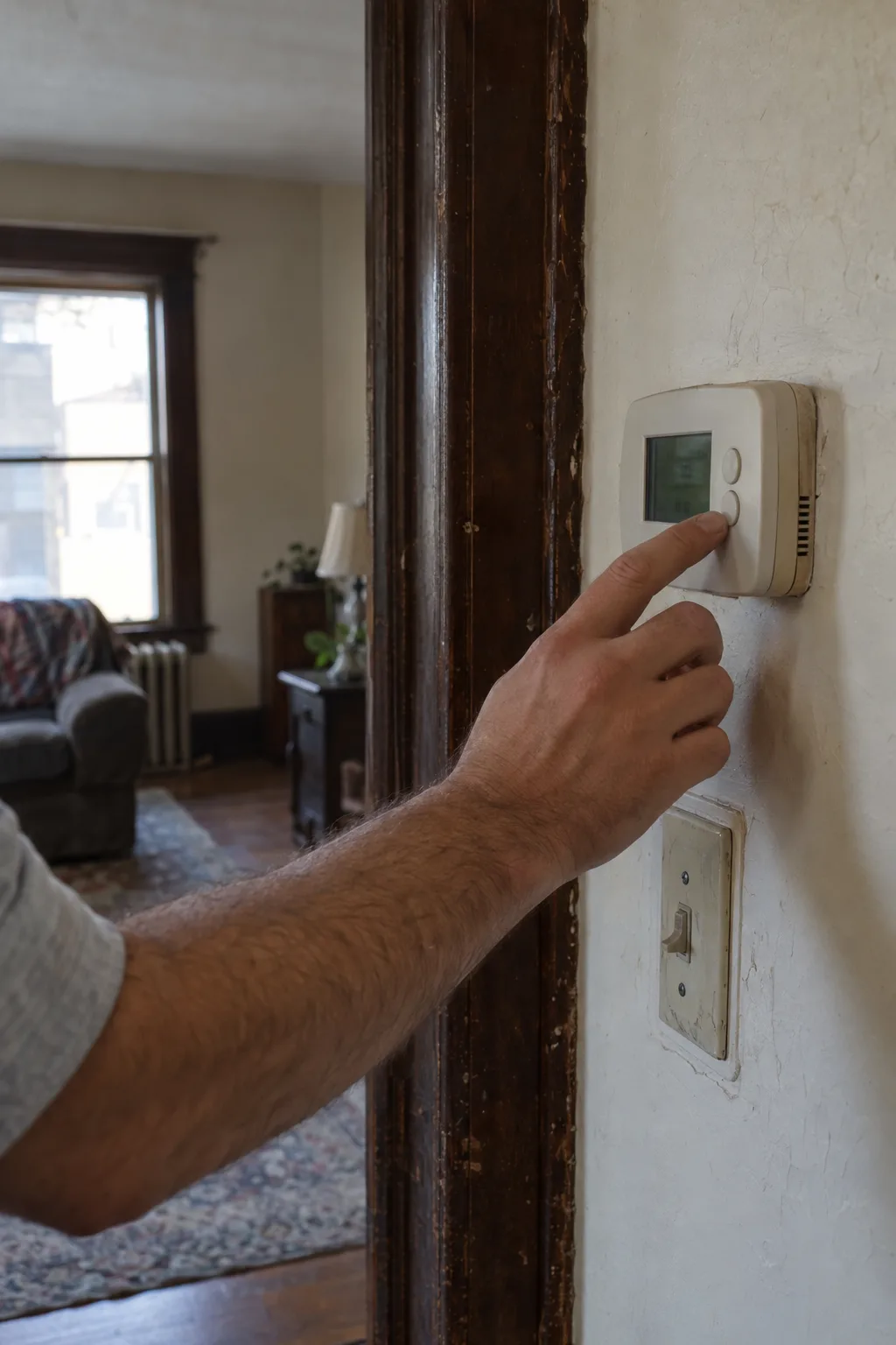 A person's hand adjusting a programmable thermostat mounted on a plaster wall inside an older home, with warm afternoon light coming through a nearby window