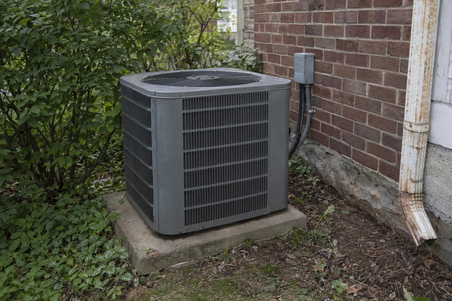 An outdoor central air conditioning condenser unit sitting on a concrete pad beside the brick foundation of an older Pennsylvania home, surrounded by mature shrubs under overcast summer sky