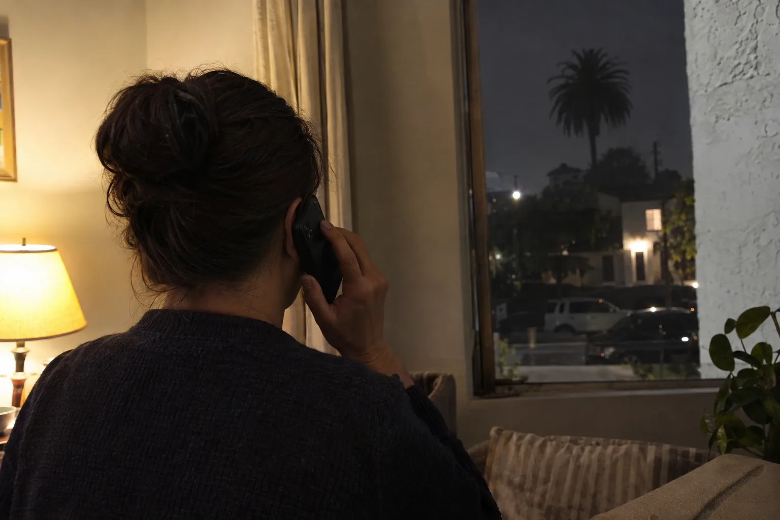 A person's hand holding a smartphone to their ear at night inside a Los Angeles home, with a palm tree silhouette visible through the window behind them.