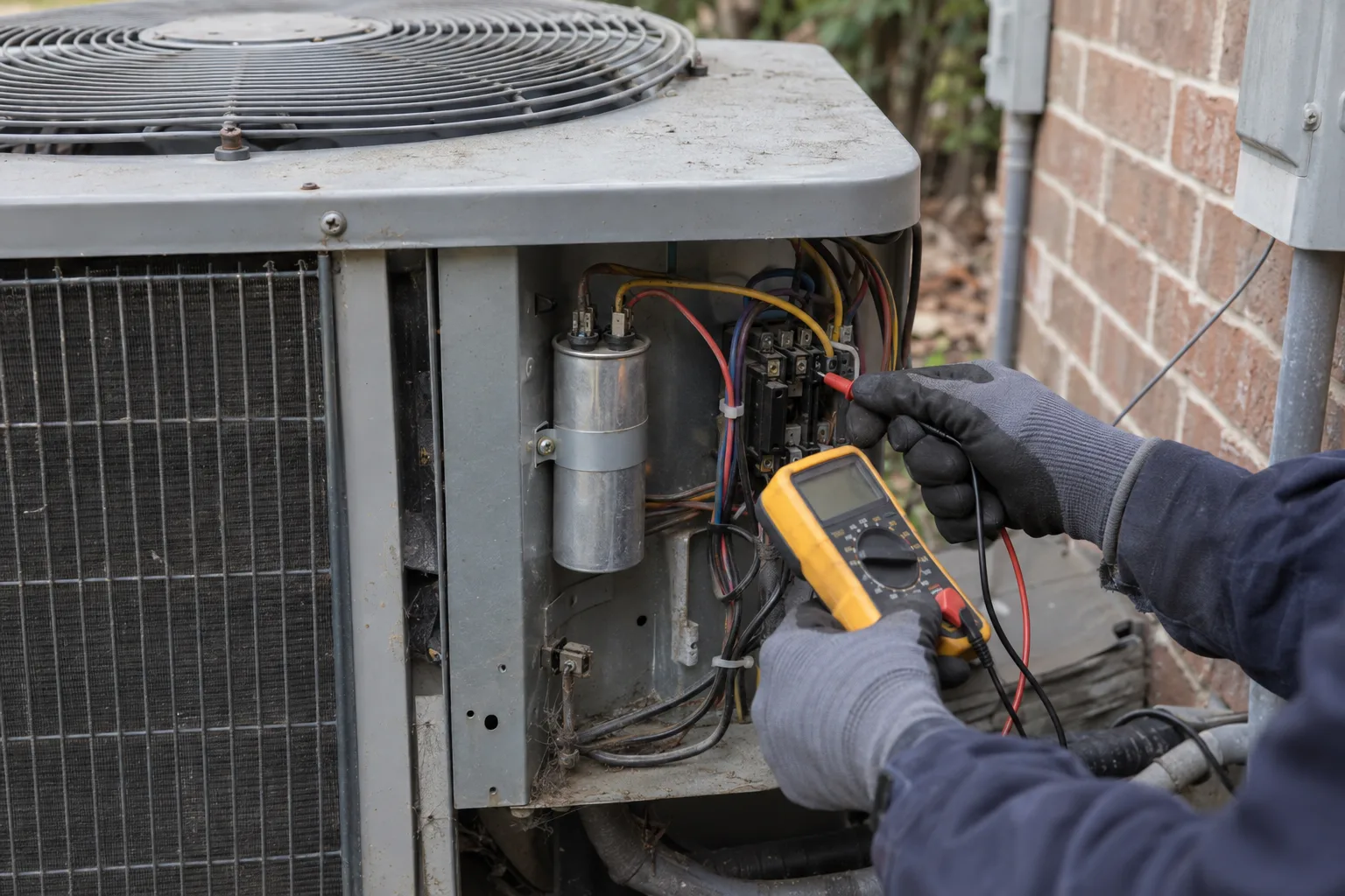 Gloved technician's hands holding a multimeter near an open access panel on a residential central air conditioner outdoor unit, with a capacitor visible inside the unit beside a brick house